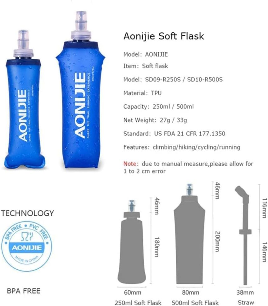 AONIJIE 2 Pack Soft Water Bottle, TPU Collapsible Flask Foldable Bottles for Hydration Pack, BPA-Free, for Running Hiking Cycling Climbing (2 Pcs - 500ml) - Image 3