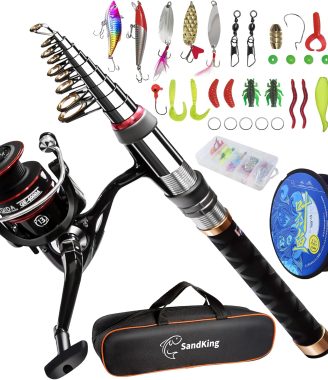 Fishing Pole Kit, Carbon Fiber Telescopic Fishing Rod and Reel Combo with Spinning Reel, Line, Bionic Bait, Hooks and Carrier Bag, Fishing Gear Set for Beginner Adults
